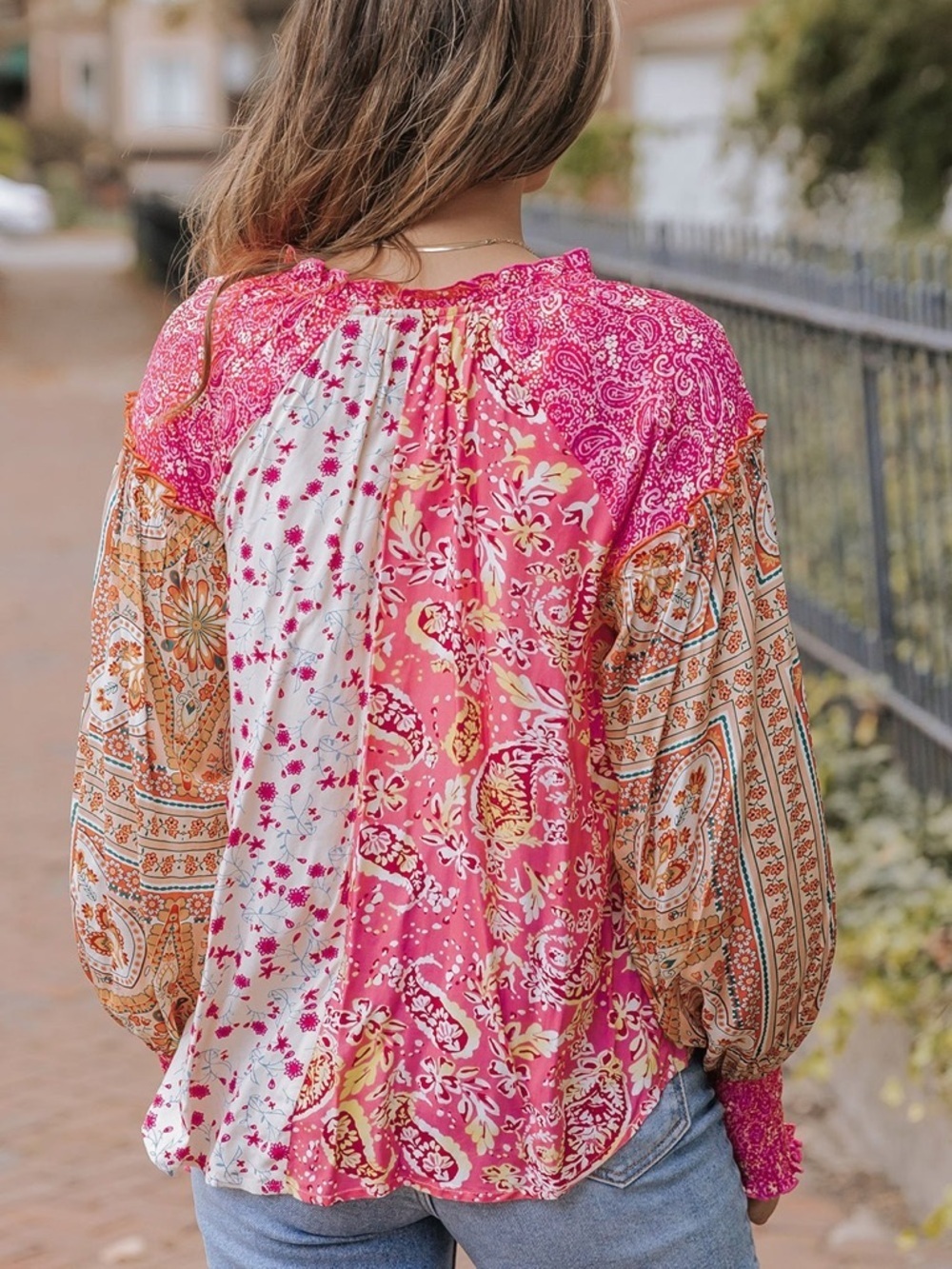 Boho Mixed Floral & Paisley Print Button Front Blouse - Size Large - Picture 2 of 10